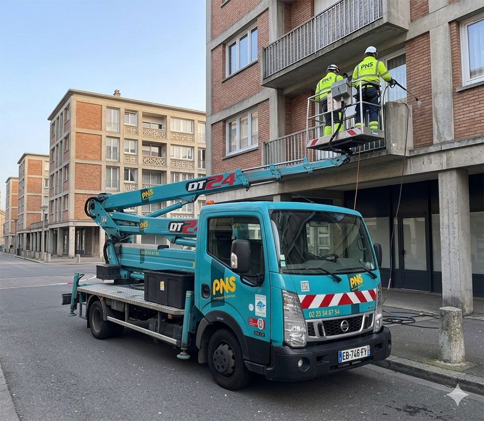 Camion nacelle de PNS Le Havre du groupe CANDOR, utilisé pour travaux de vitrerie et façade