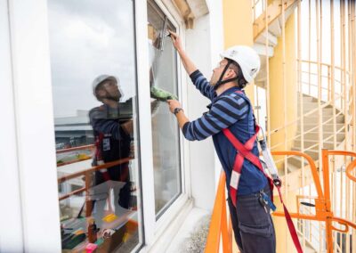 Agent Candor nettoyant la fenêtre d'un bâtiment depuis une nacelle